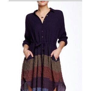 Free People Ray of Light Shirt Dress XS Waffle Knit Color Block Winter Oversized
